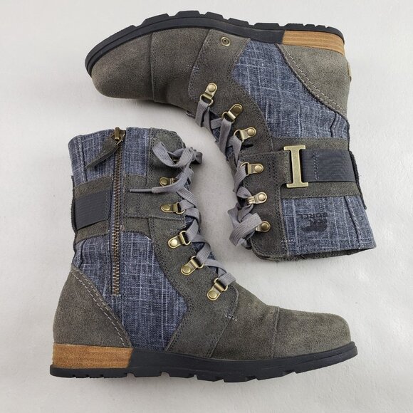 Sorel Major Carly Suede Boot Womens 8 Gray Blue Denim Ankle Side Zip Moto Combat - Picture 7 of 11